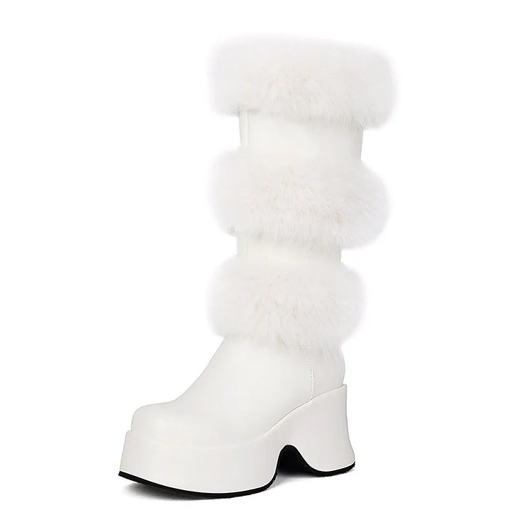 Solid Color Fluffy Trim Round Toe Chunky Heel Platform Mid Calf Boots