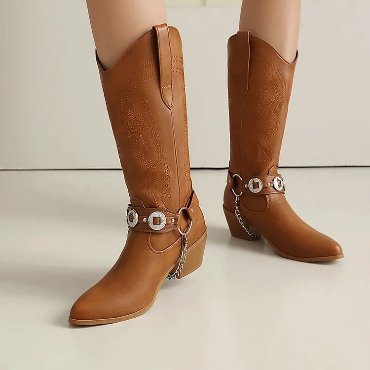 Embroidery O-Ring Chain Decor Pointed Toe Chunky Heel Mid Calf Boots