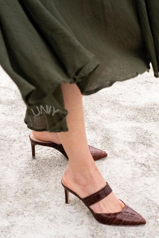 Elegant Dark Brown Croc Embossed Pointed Toe Stiletto Mules [Pre Order]