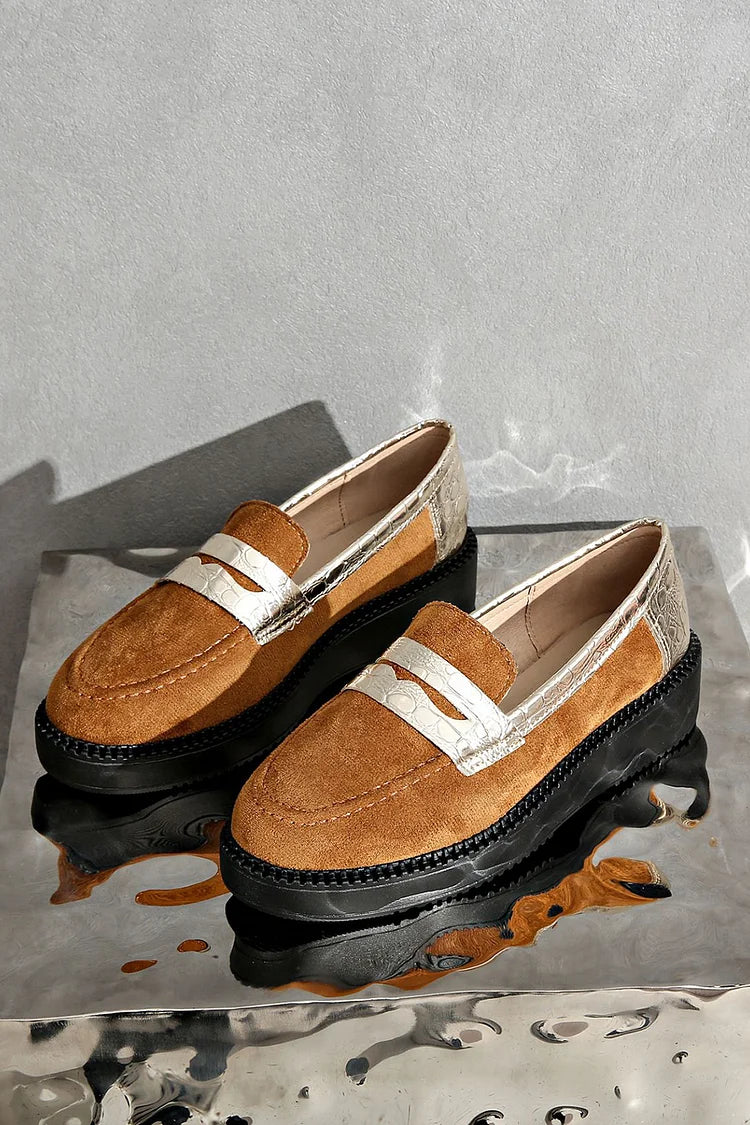 Metallic Sheen Patchwork Round Toe Casual Slip On Loafers