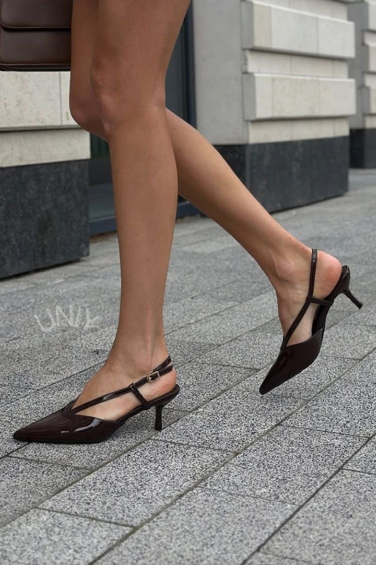 Dark Brown Patent Leather Pointed Toe Slingback Kitten Heels [Pre Order]