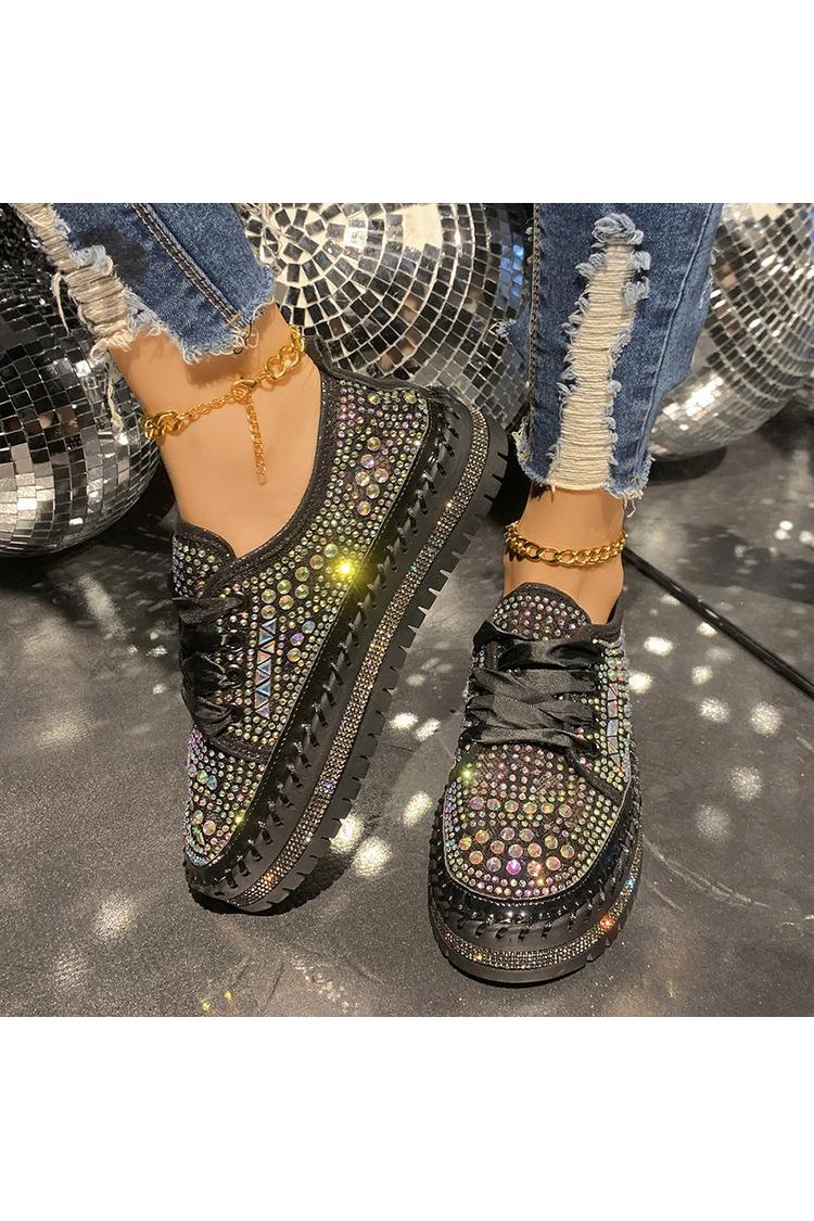 Sneakers casual con plateau e lacci, punta rotonda, decorazioni geometriche in strass 