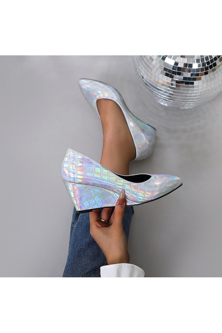 Zeppe con punta affilata, tinta unita, effetto metallizzato lucido, stampa coccodrillo