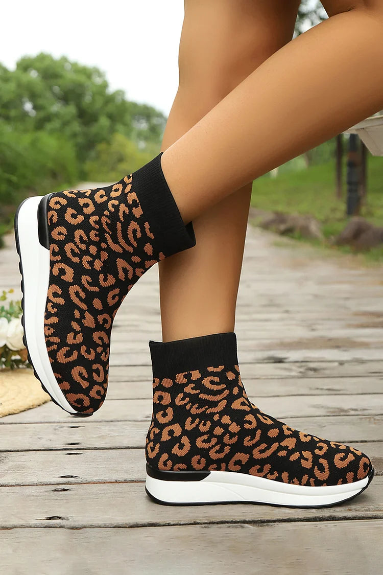 Colorblock Leopard Pattern Round Toe Casual Pull On Ankle Boots