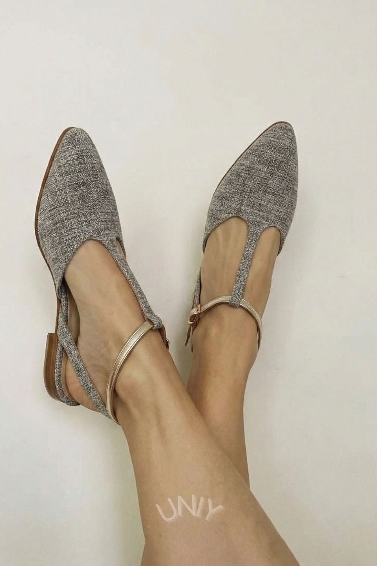 Grey Tweed Pointed Toe T-Strap Ankle Buckle Flats [Pre Order]
