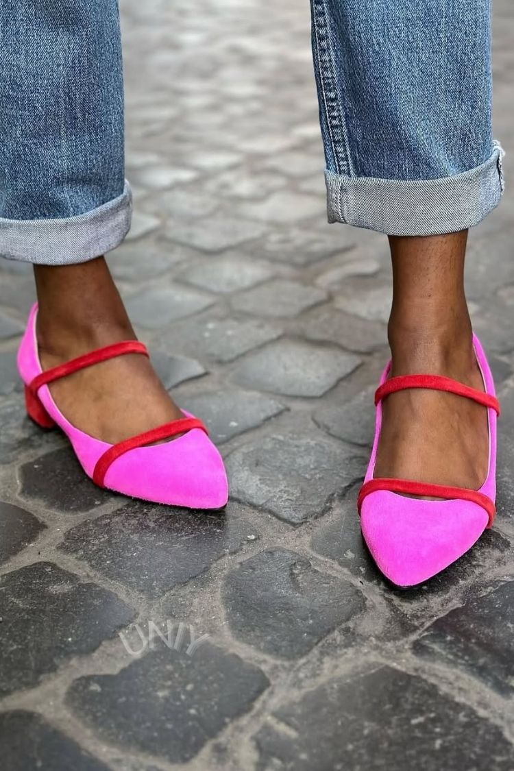 Pink Contrast Faux Suede Pointed Toe Double Strap Flats [Pre Order]