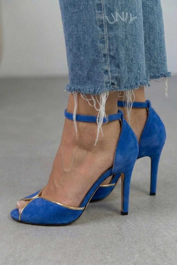 Scarpe con tacco a spillo peep toe in pelle scamosciata blu reale con bordi dorati [Pre-ordine]