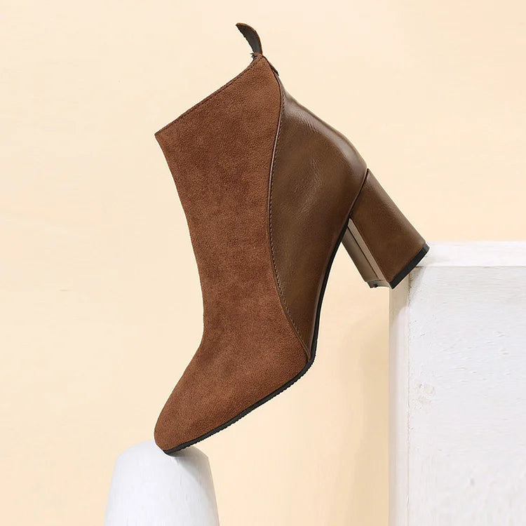 Patchwork Pointed Toe Chunky Heel Zipper Ankle Boots