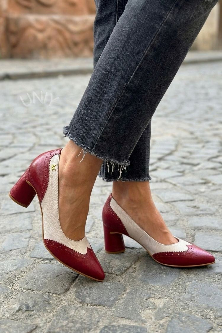 Vintage Coloblock Brogue Pointed Toe Block Heel Pumps [Pre Order]