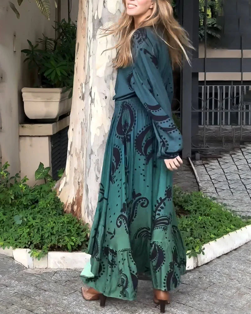 Bohemian Resort V-Ausschnitt bedrucktes Kleid