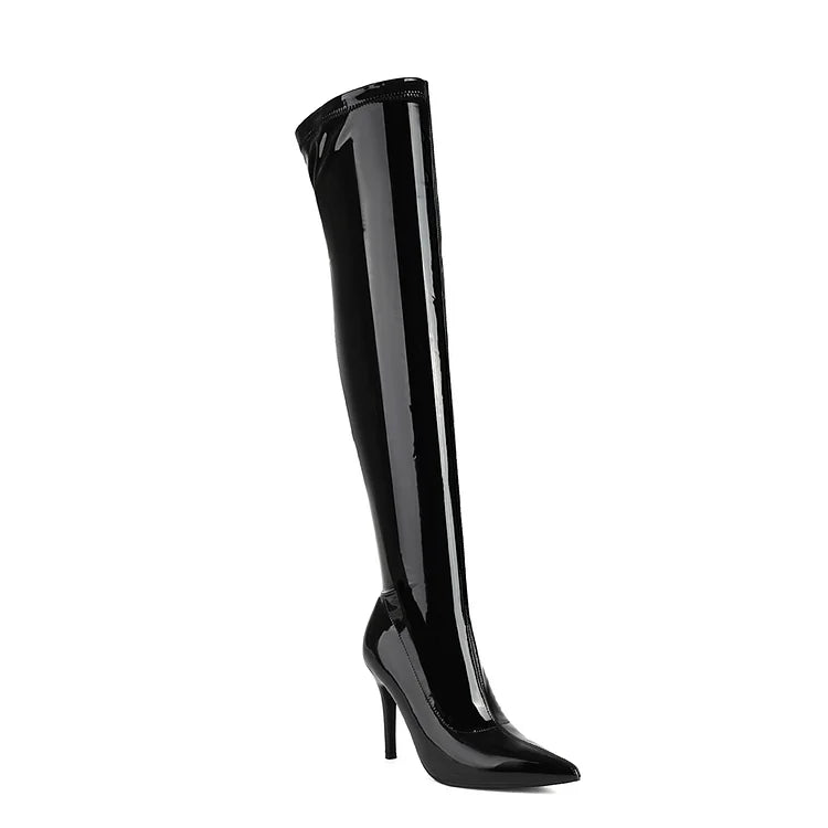 Solid Color Pointed Toe Side Zipper Stiletto Heel Over The Knee Boots