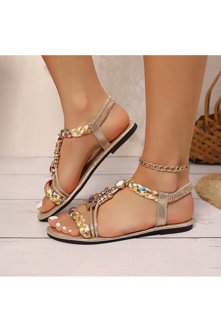 Multicolor Braided Strap Flower Decor Boho Style Round Toe Sandals