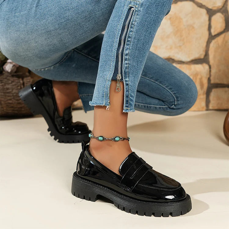 Patchwork Round Toe Low Block Heel Casual Slip On Loafers