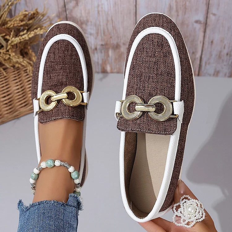 Contrast Binding Buckle Decor Round Toe Casual Loafers