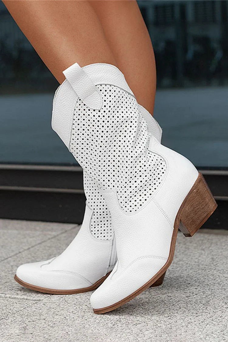 Hollow Out Patchwork Pointed Toe Chunky Heel Mid Boots