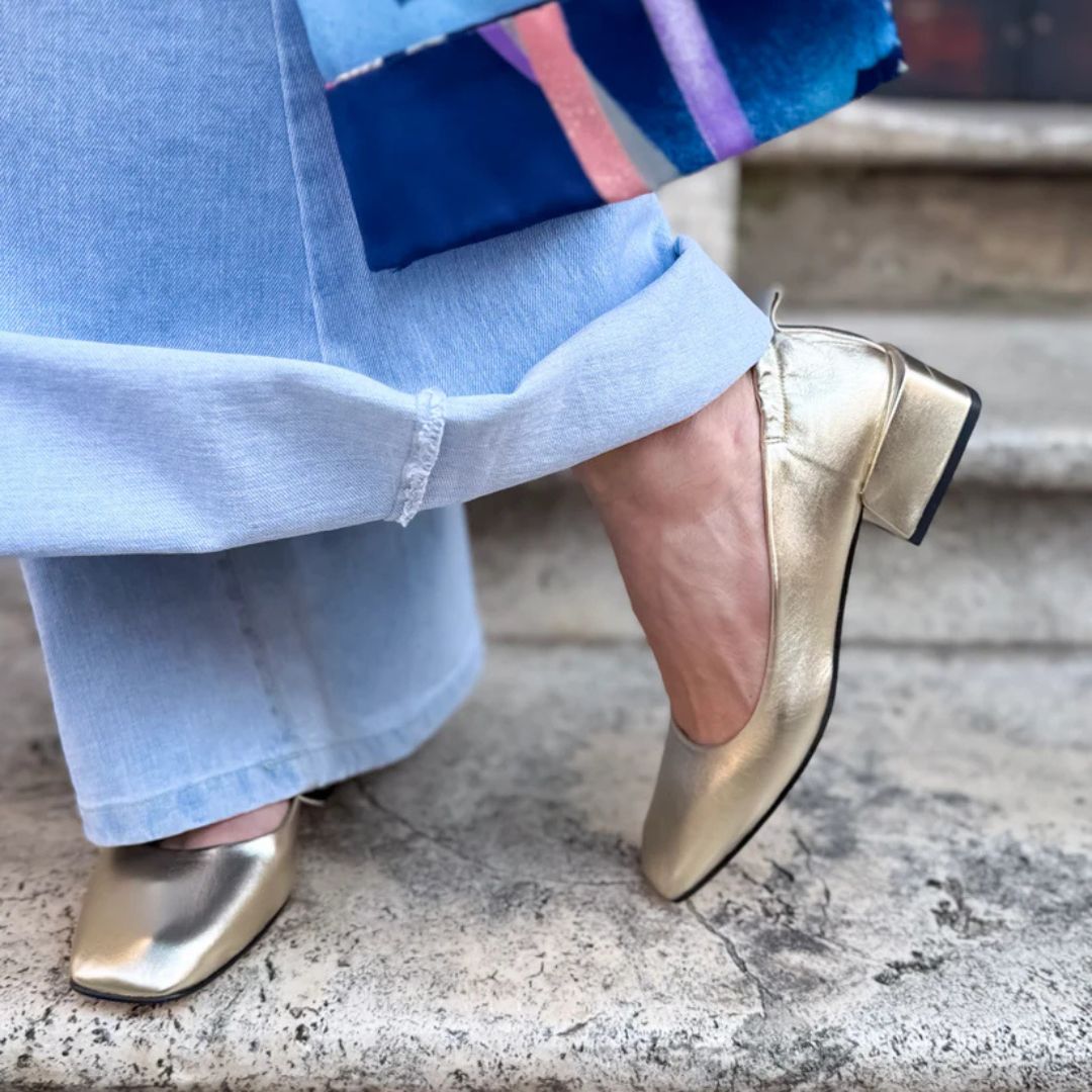 Vintage Metallic Gold Square Toe Low Block Heel Pumps [Pre Order]