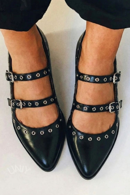 Chic Black Pointed Toe Buckle Strap Studded Flats [Pre Order]