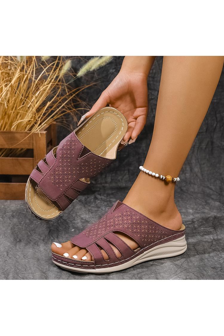 Pantofole casual con zeppa, punta rotonda, in tinta unita, con patchwork traforato 