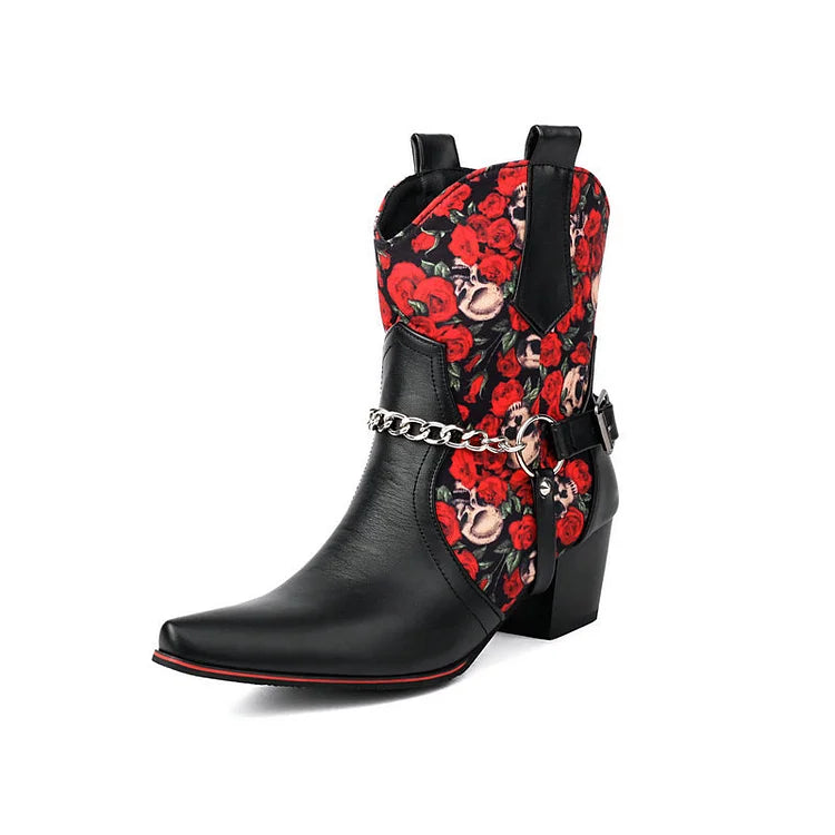 Stiefeletten mit Blumendruck, Patchwork-Kettendekor, spitzer Zehenpartie und klobigem Absatz