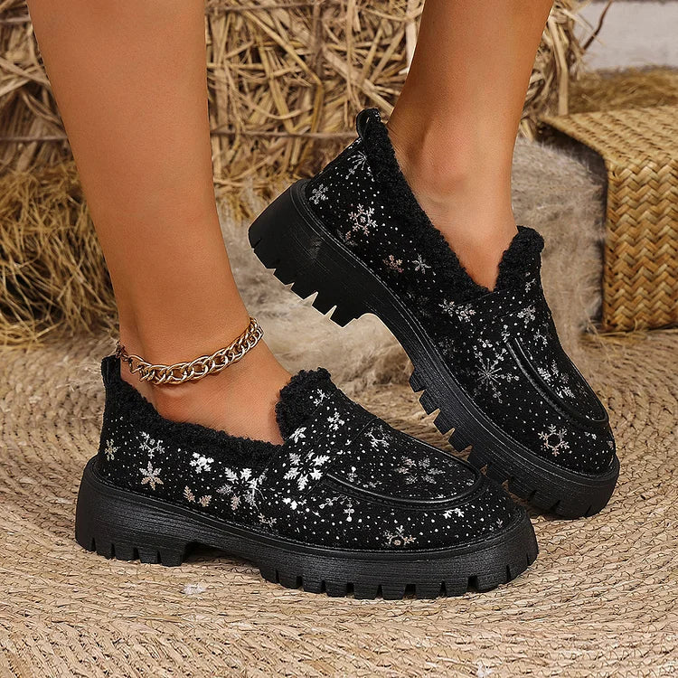 Christmas Snowflake Print Faux Fur Lined Round Toe Low Block Heel Loafers