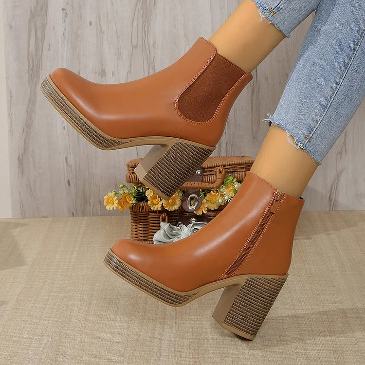 Zipper Patchwork Round Toe Chunky Heel Ankle Boots