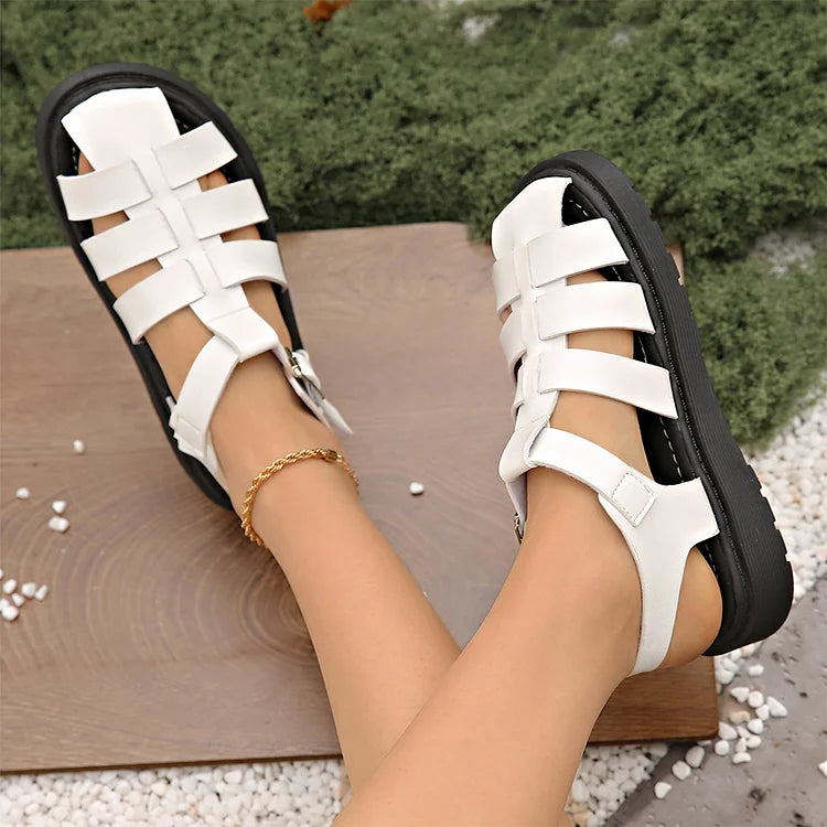 Woven Solid Color Hollow Out T-Strap Buckle Round Toe Sandals