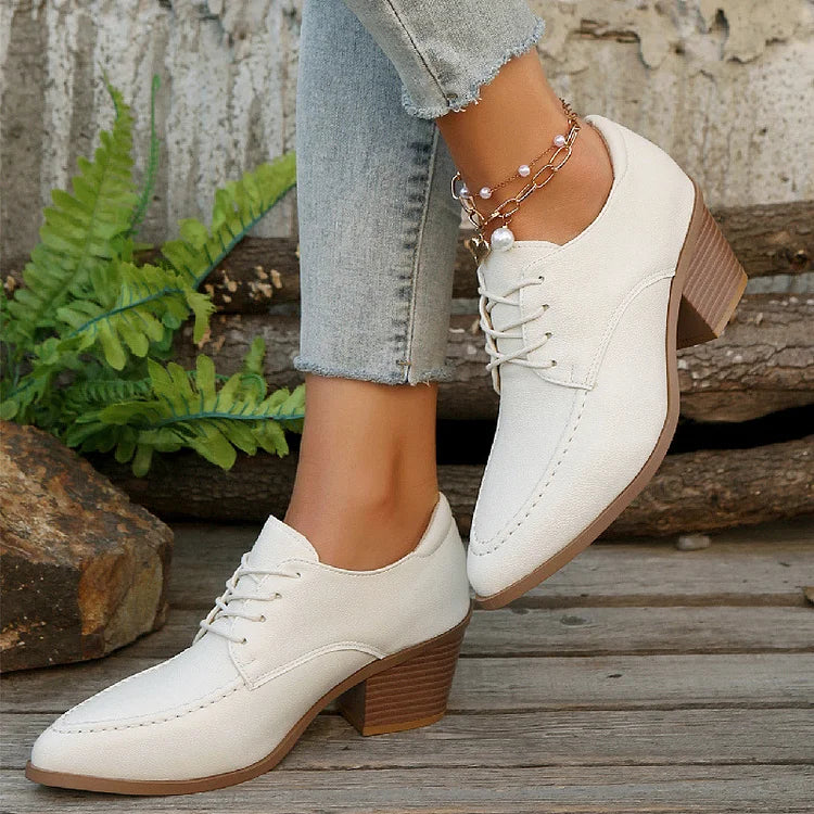 Patchwork Stitch Detail Pointed Toe Chunky Heel Lace Up Oxfords