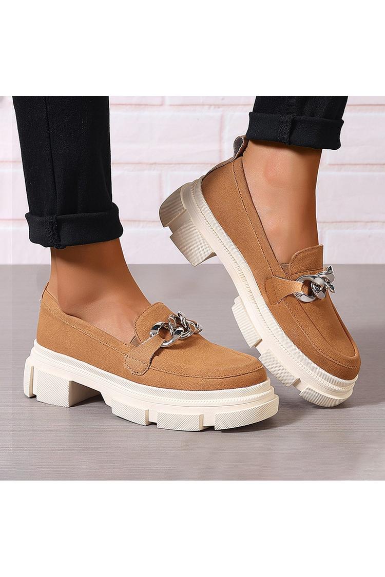 Einfarbige Metallkette Dekor Rundzehen Klobiger Absatz Loafers