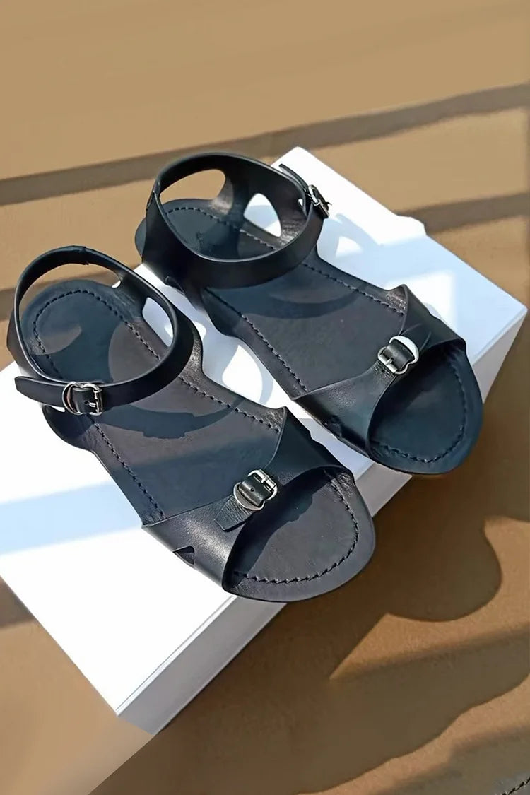 Solid Color Strap Buckle Cutout Round Toe Leather Sandals