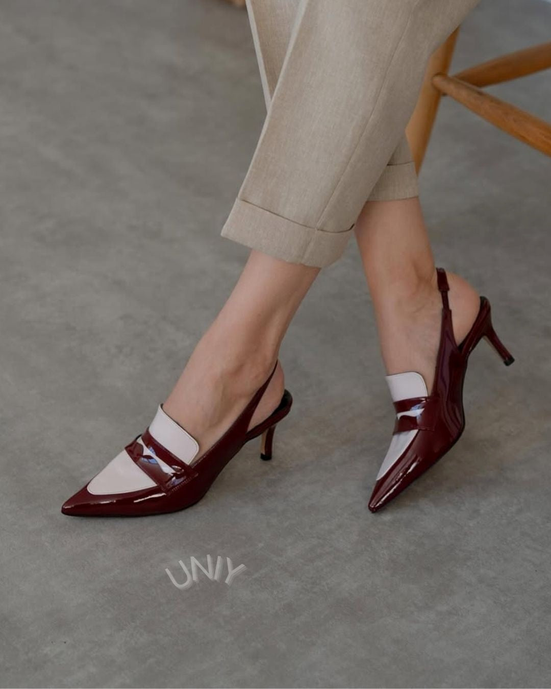 Glanzende tweekleurige puntige penny loafer stijl slingback hakken [Voorbestelling]
