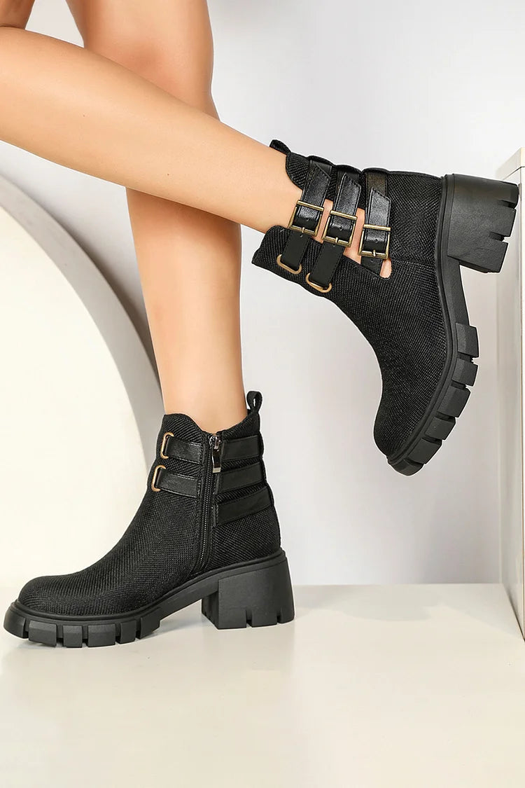 Multi Straps Buckles Zipper Round Toe Chunky Heel Ankle Boots