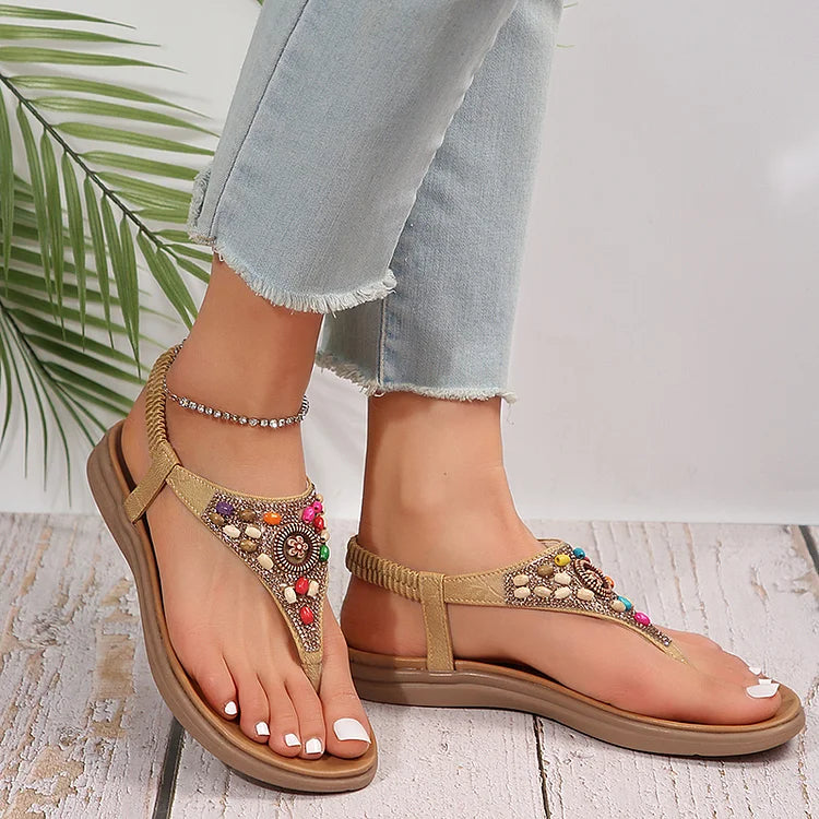 Boho Bunte Perlen Strass Flip Flops Gummiband Sandalen