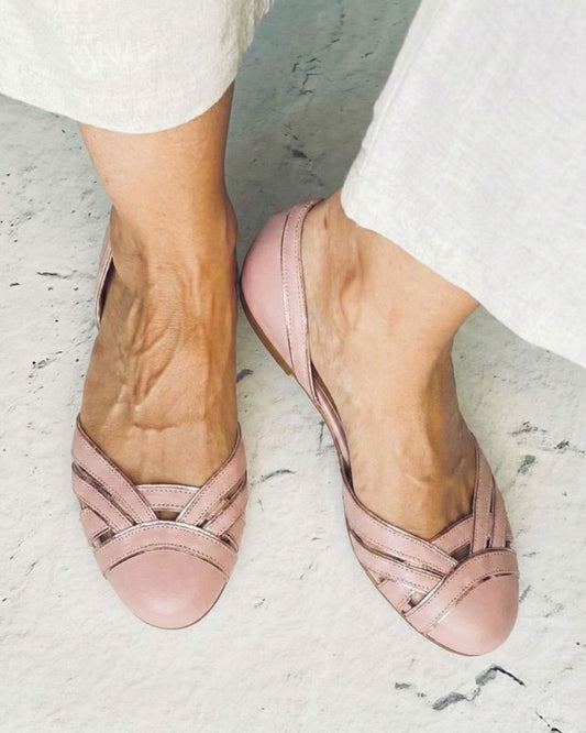 Eleganti ballerine versatili con punta tonda rosa e cinturino intrecciato