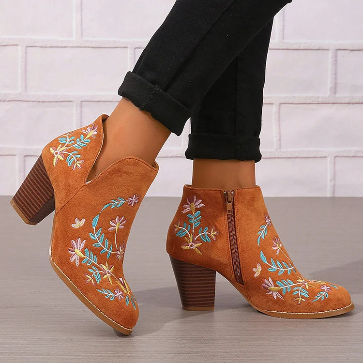 Floral Leaf Embroidery Round Toe Zipper Chunky Heel Ankle Boots