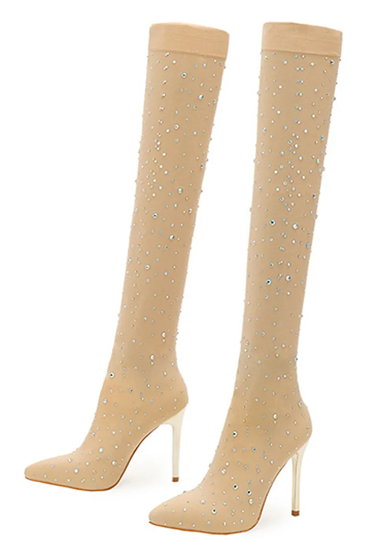 Rhinestone Decor Pointed Toe Stiletto Heel Over The Knee Sock Boots