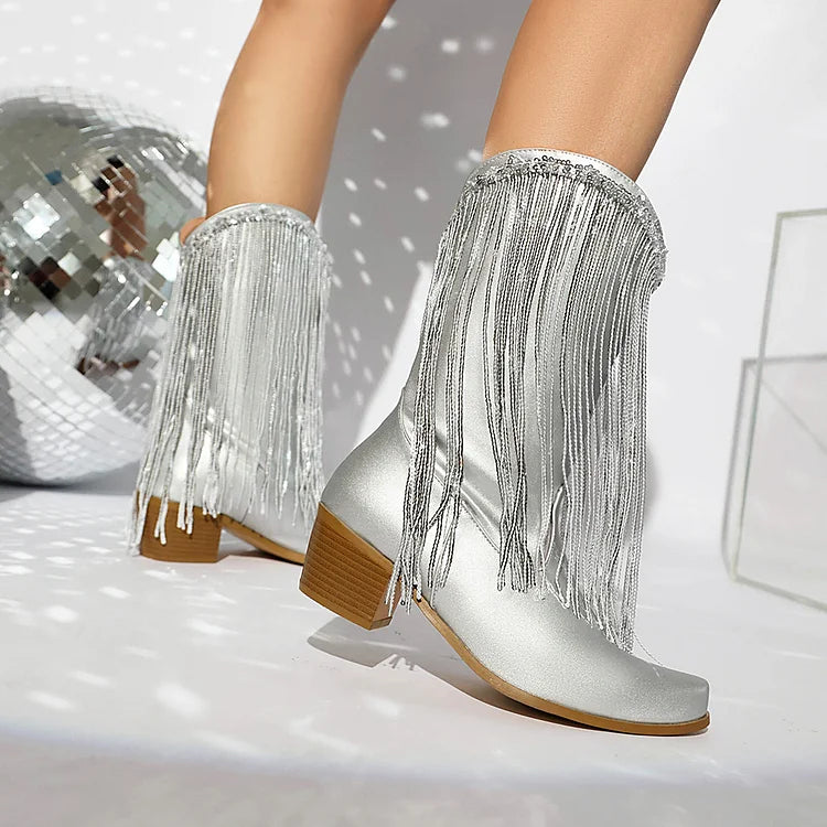 Metallic Sheen Fringed Trim Pointed Toe Chunky Heel Mid Boots