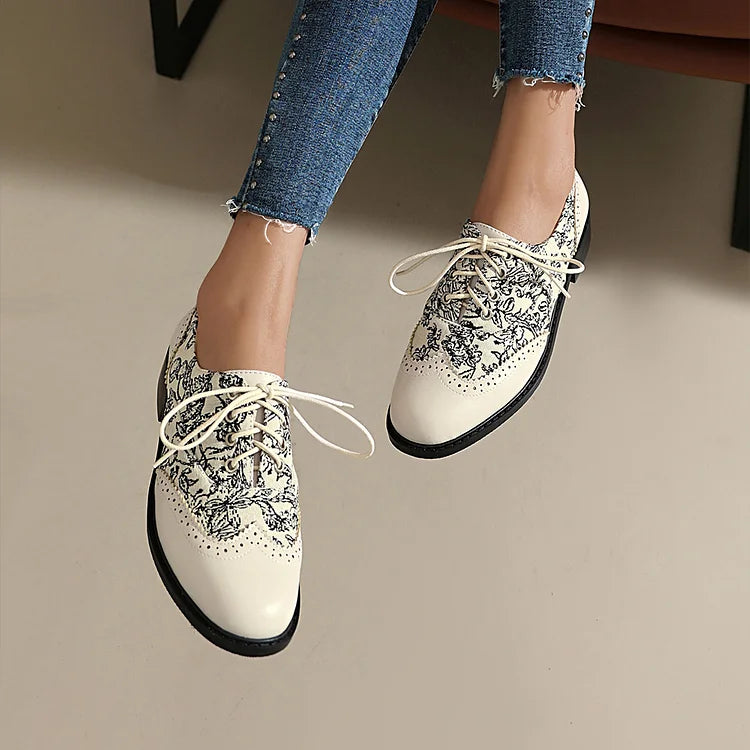 Floral Pattern Canvas Patchwork Lace Up Round Toe Casual Oxfords