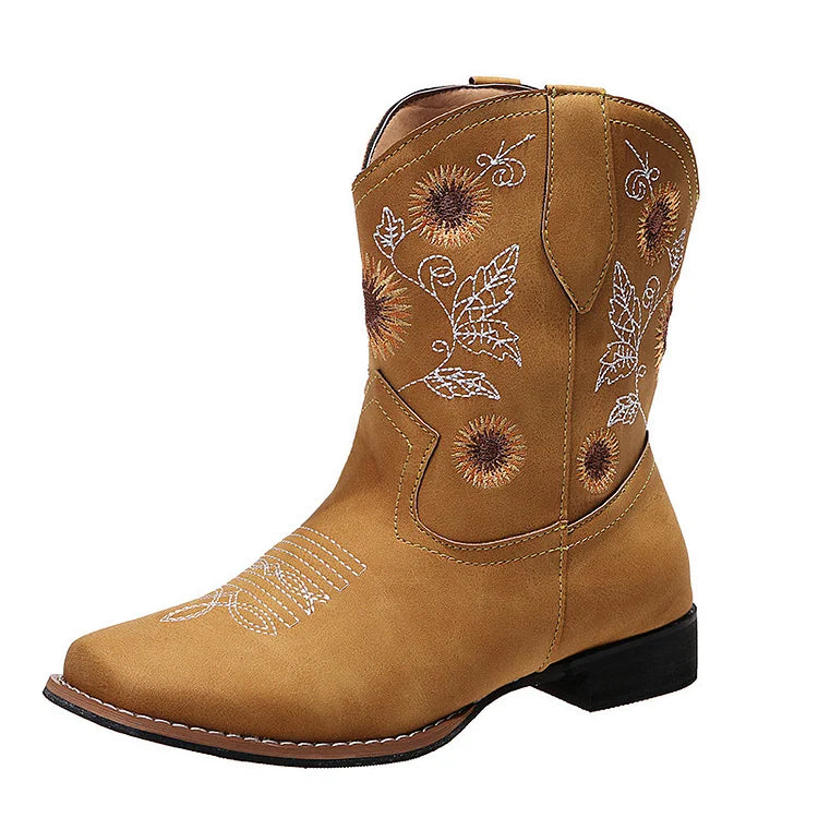 Sunflower Embroidery Stitch Detail Square Toe Cowgirl Boots