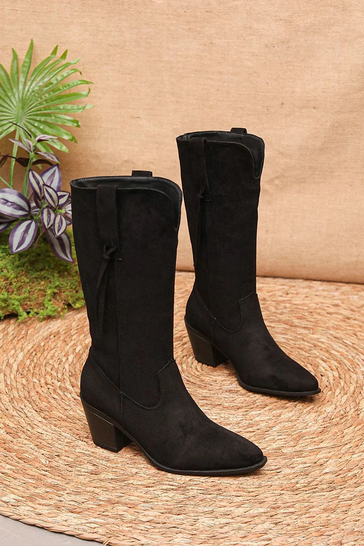 Fringed Trim Patchwork V Cut Pointed Toe Chunky Heel Mid Calf Boots