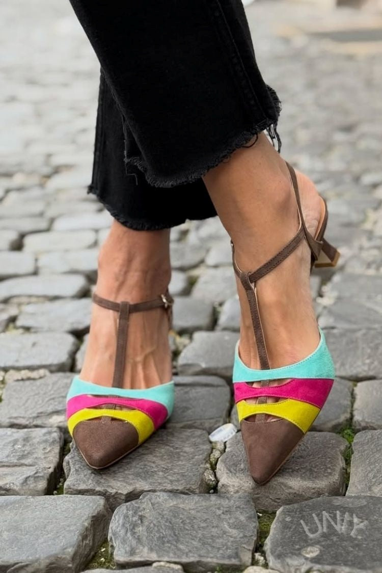 Eleganti Tacchi Slingback con Cinturino a T e Punta Sfilata Multicolore [Preordine]