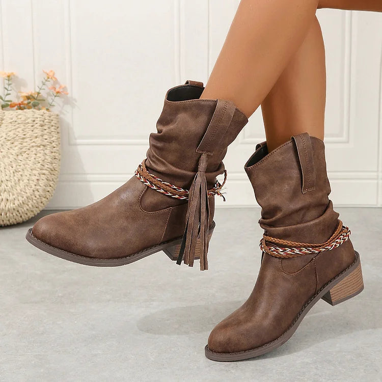 Braided Rope Tassel Decor Slouch Pointed Toe Chunky Heel Ankle Boots