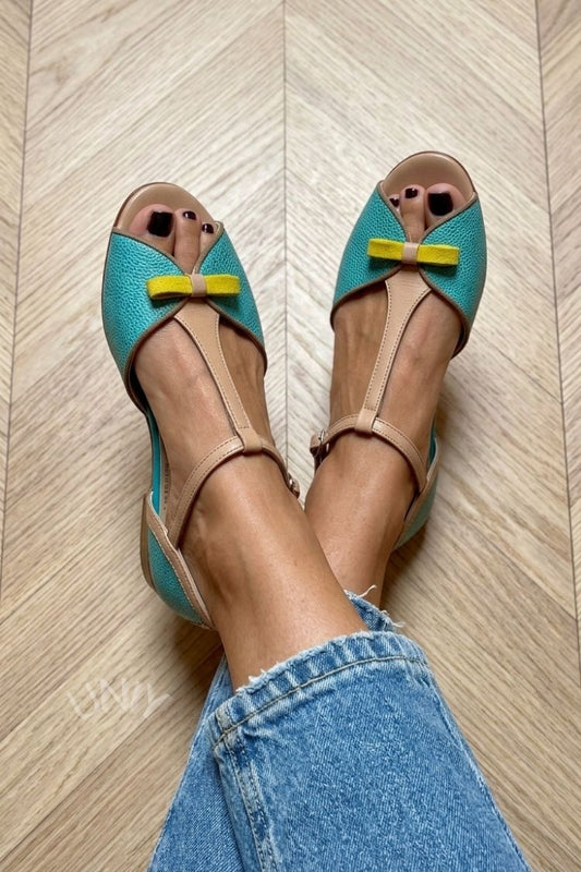 Retro teal beige korrelig T-band strik peep toe platte schoenen [Pre Order]