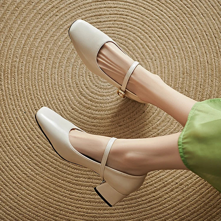 Instep Strap Buckle Metallic Sheen Square Toe Chunky Heels