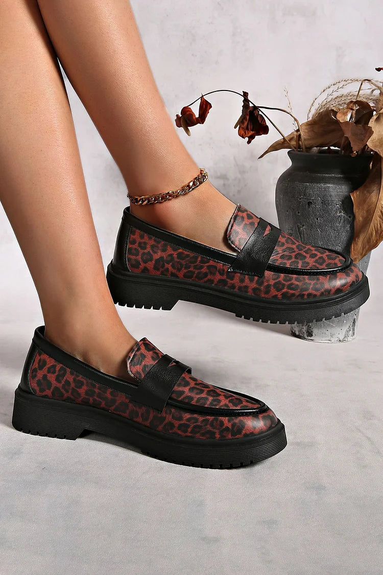 Colorblock Leopard Print Patchwork Round Toe Casual Loafers