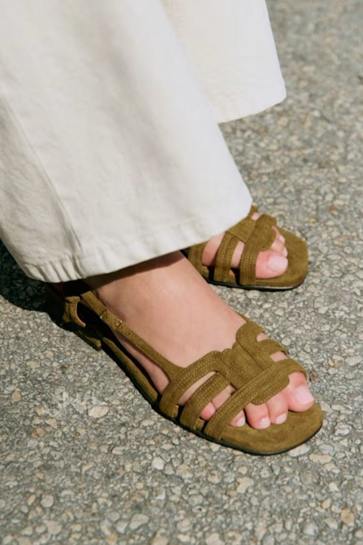 Solid Color Strappy Cutout Ankle Strap Open Toe Flat Sandals [Pre Order]
