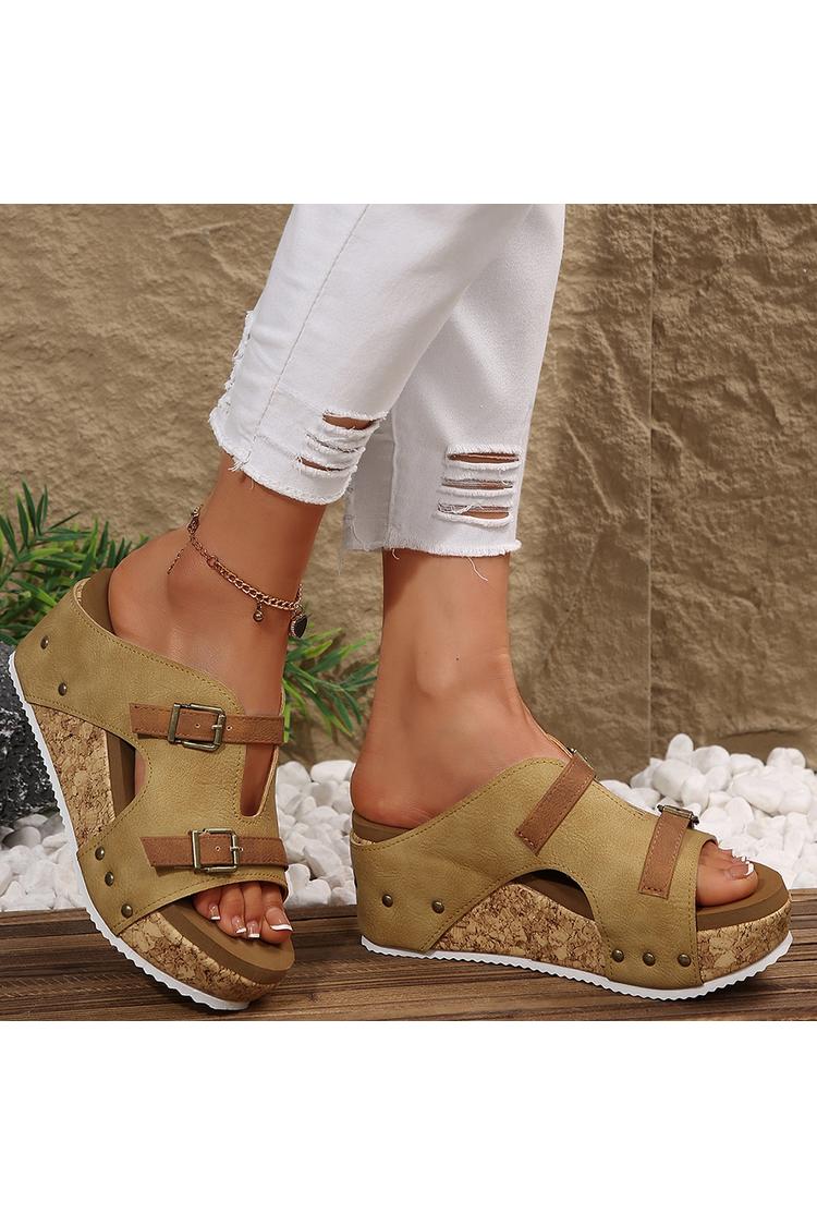 Pantofole casual con zeppa, punta rotonda, due cinturini e fibbie colorblock 