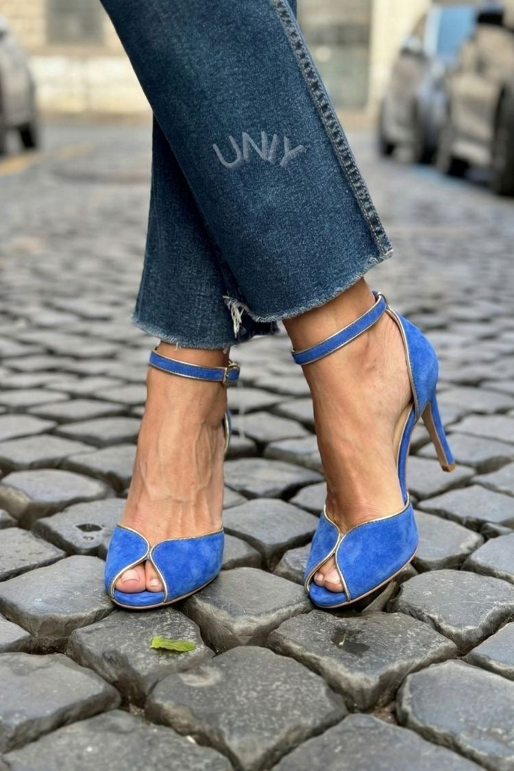 Elegant Blue Suede Metallic Trimmed Peep Toe Ankle Heels [Pre Order]