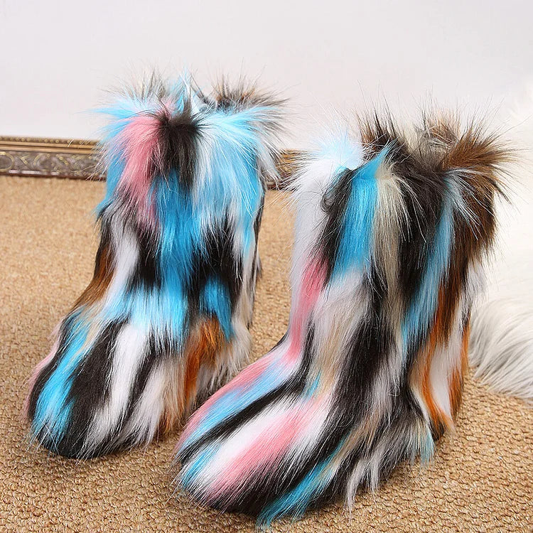 Multicolor Faux Fur Round Toe Low Platform Pull On Snow Boots