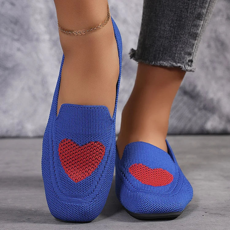 Heart Pattern Print Square Toe Slip On Knit Casual Flats