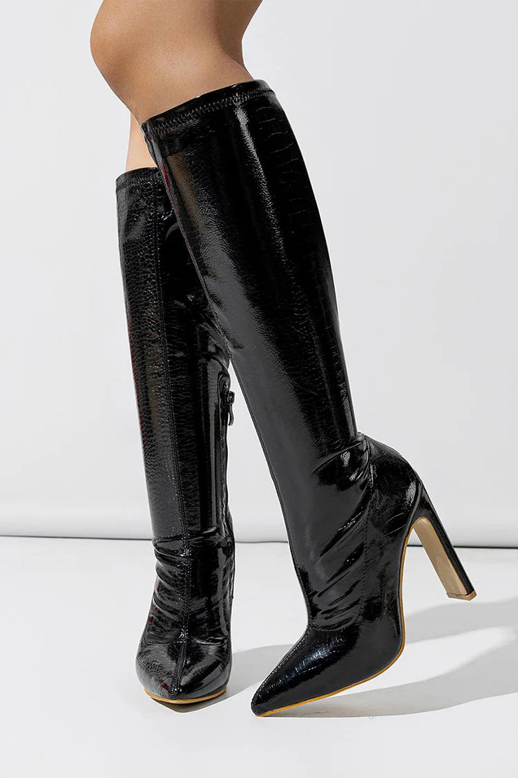 Crocodile Print Zipper Pointed Toe Chunky Heel Knee High Boots